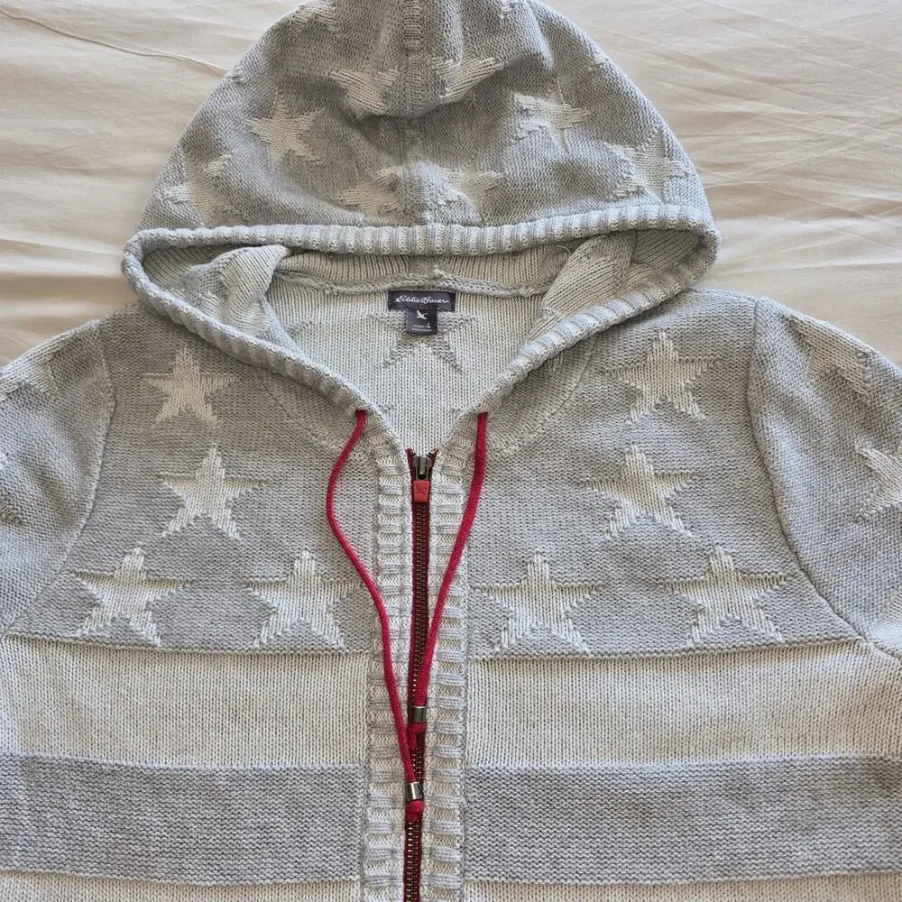 Eddie Bauer Sweater Womens Large 100% cotton grey stars Zip American Flag hoodie - Picture 2 of 8